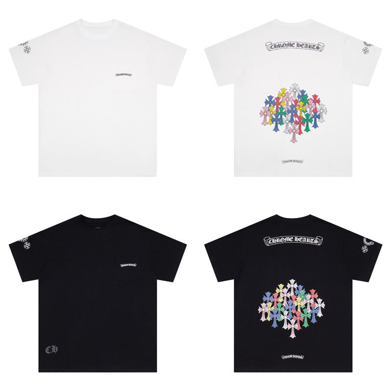 Chrome Heart T Shirts Colorful Cross Flower Arm Short Sleeve