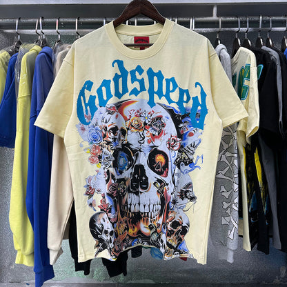 Godspeed T-shirts Skull Rose Printed Cotton Casual Short Sleeve Men and Women