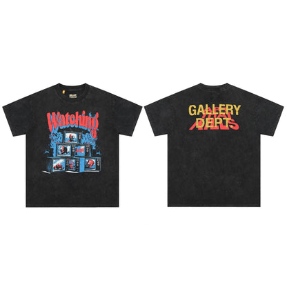 Gallery Dept T Shirts TV Printing Washed Distressed Short Sleeve plus Size