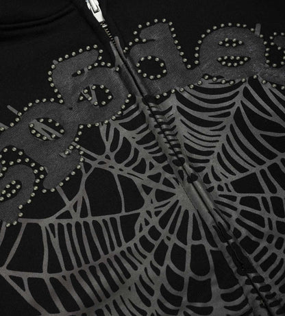 Sp5der OG Web Studded Zip Hoodie Black